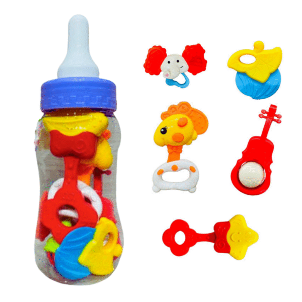 ToyBoi 6-Piece Baby Teething Rattle Set in Feeding Bottle Box – 3+ Months